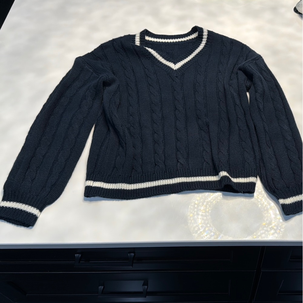 Navy Cable Knit Sweater with White Trim